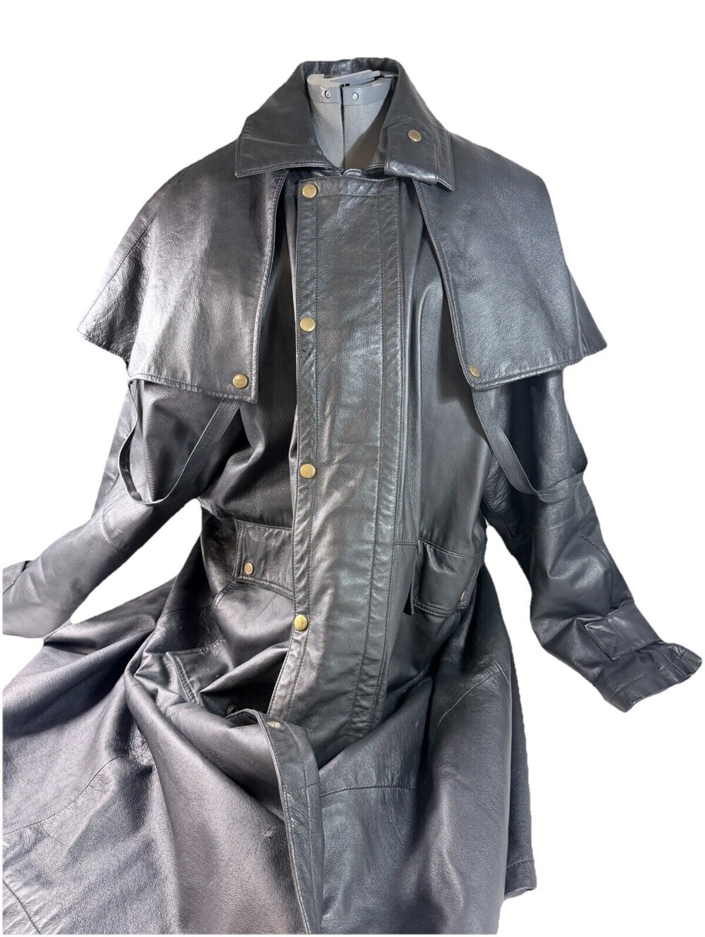 Leather Gallery Black Biker Trench Coat – Size XL Buffalo Leather Motorcycle